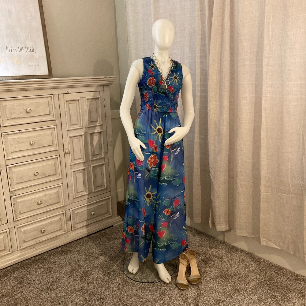 Vintage Pipe Dreams Vintage Water Color Blue Floral/Sun Wide Leg Pants J…
